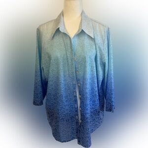 Alfred Dunner button down blue patterned 3/4 sleeve blouse size L